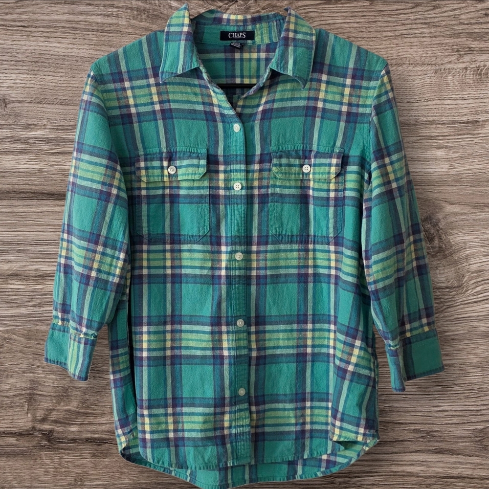 Chaps Denim Women’s Green Blue Plaid Linen Cotton Blend Button Up Size Lg